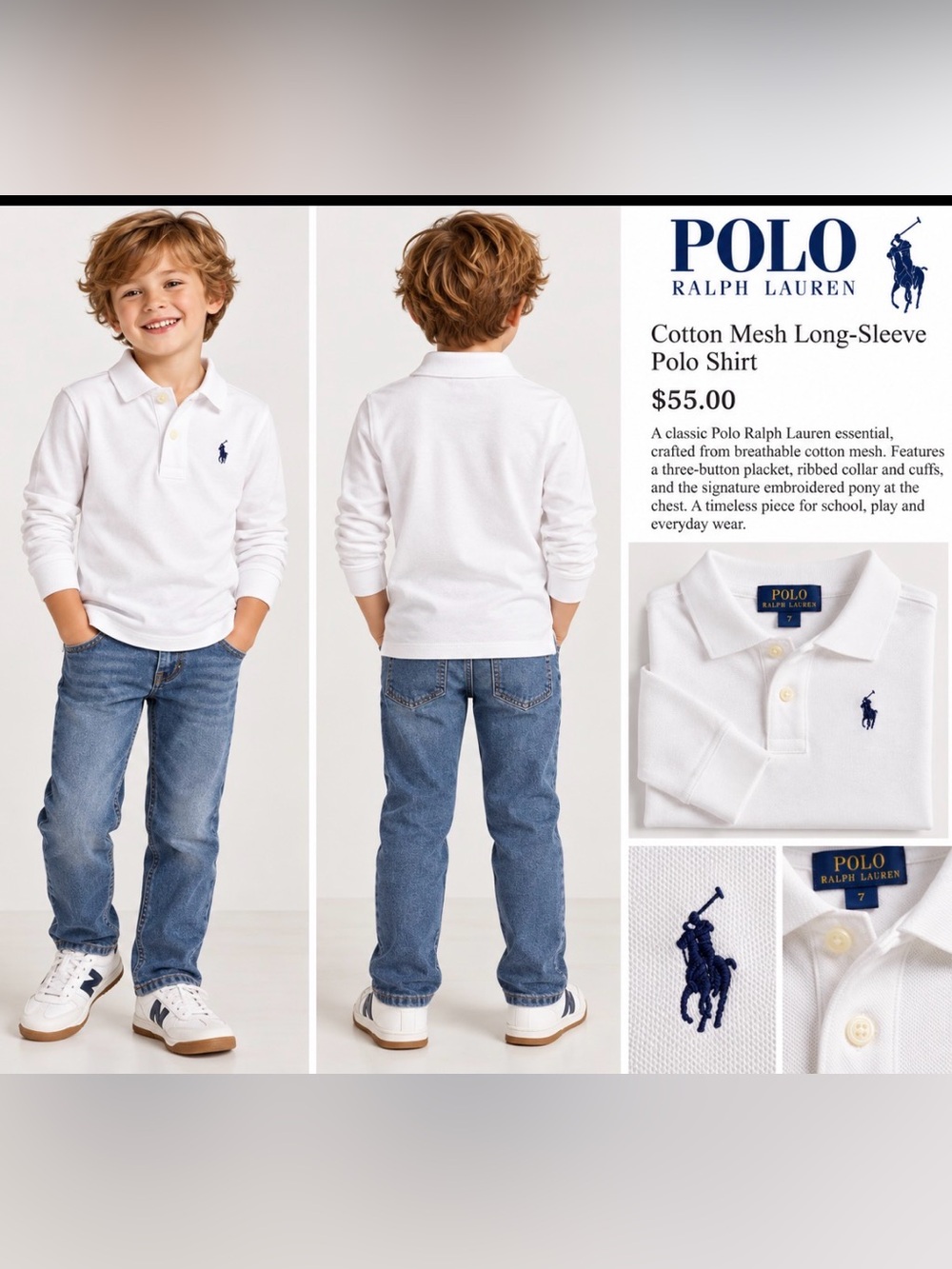 Polo by Ralph Lauren Kids’ White Long Sleeve Polo, Size 7